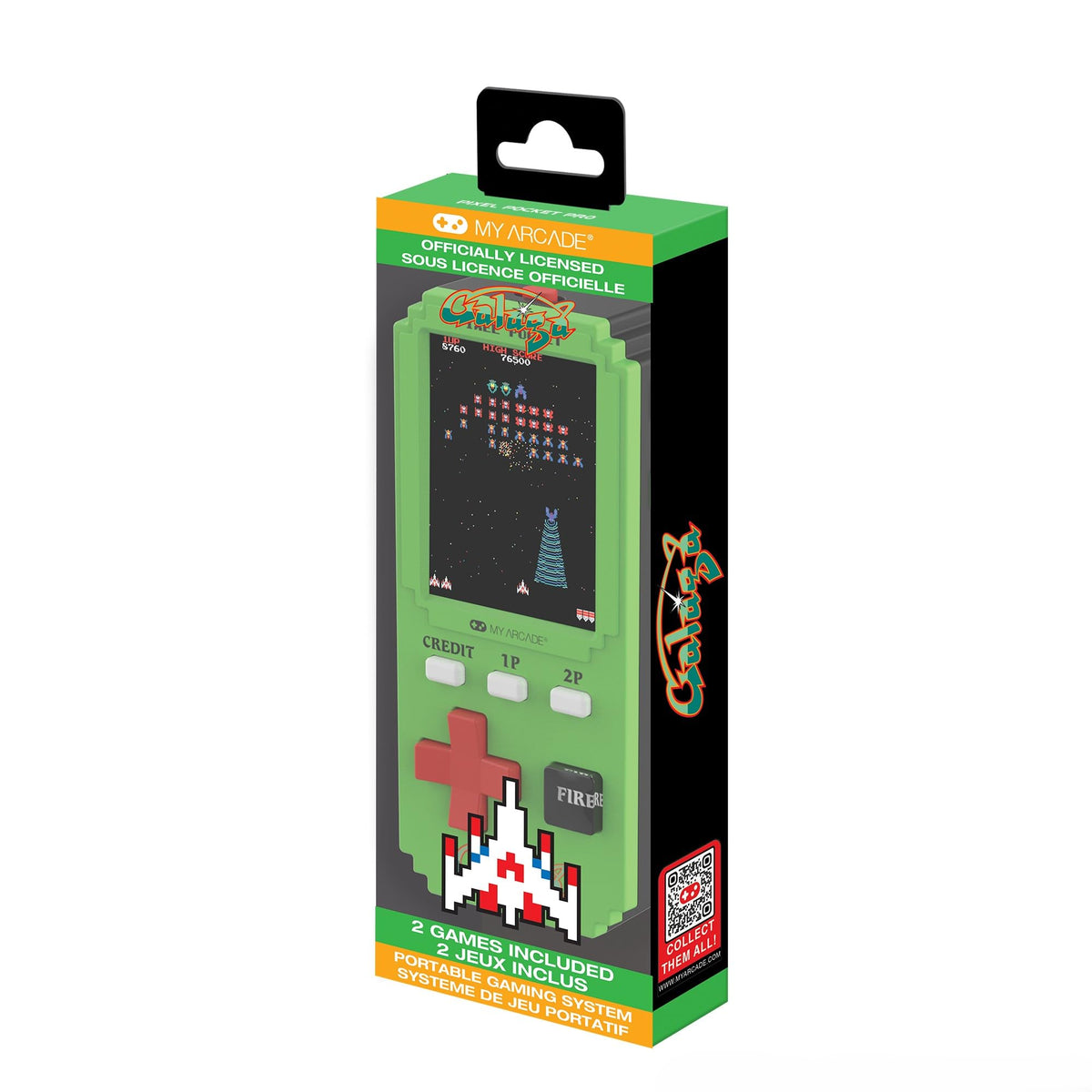 My Arcade Galaga Pixel Pocket Pro front view; portable retro arcade for on-the-go play.