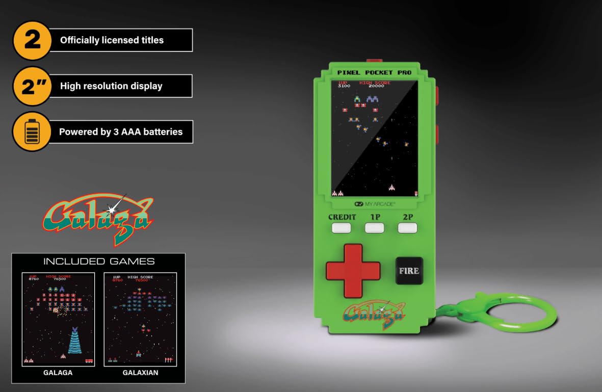 My Arcade Galaga Pixel Pocket Pro side view; compact keychain arcade for travel.