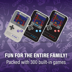 Travel-friendly console shown with compact size and simple controls.