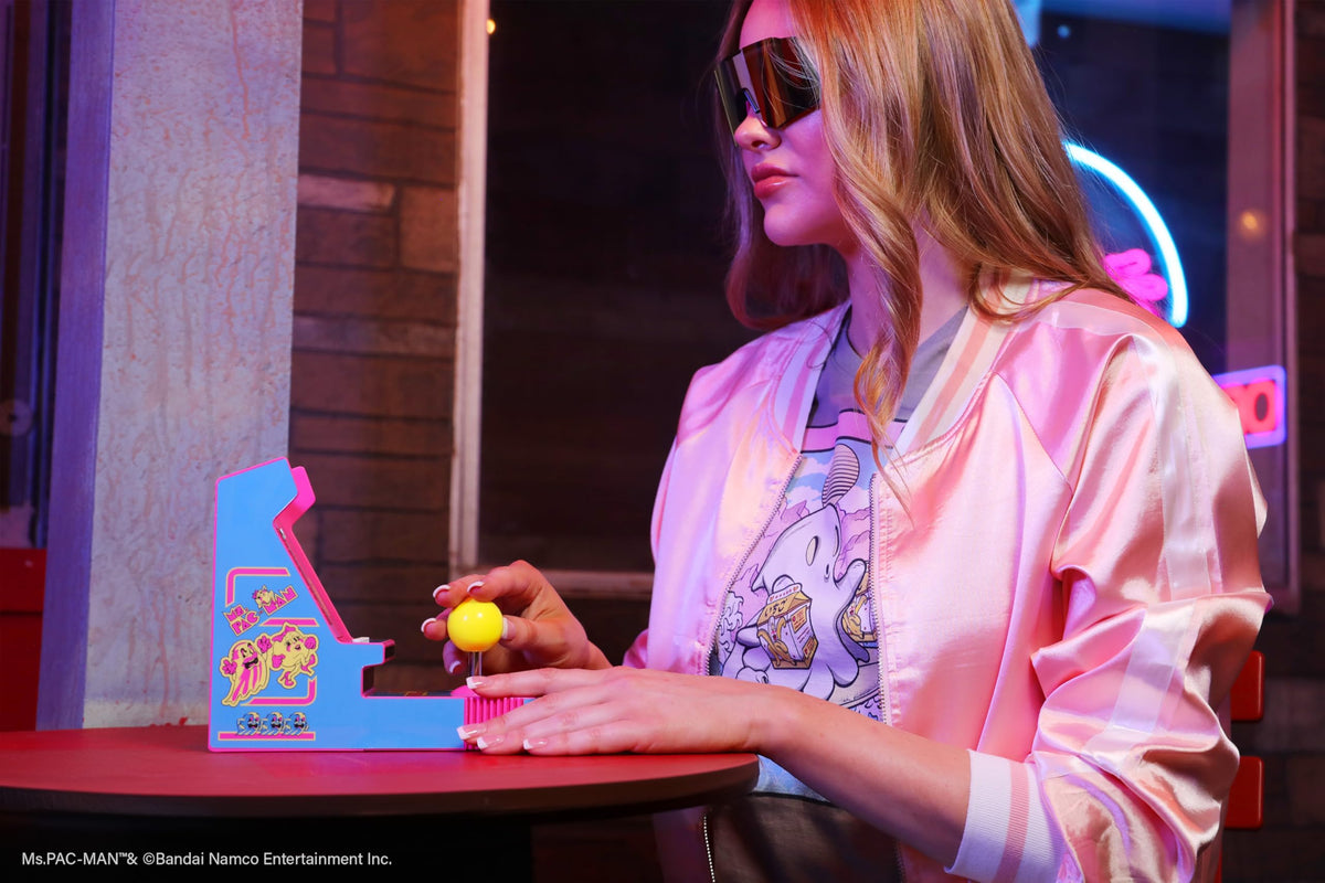 My Arcade Ms. Pac-Man Joystick Player display close-up highlights the high-resolution vertical screen.