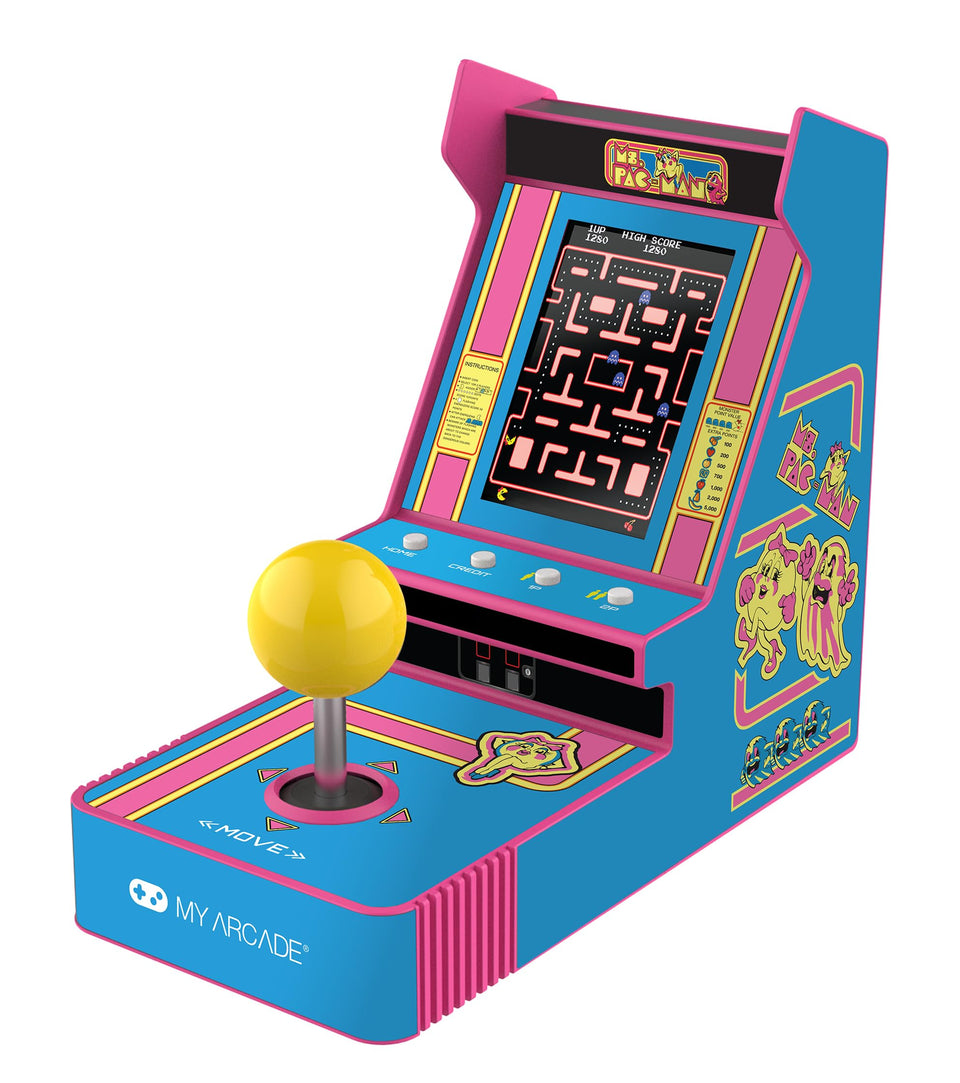 My Arcade Ms. Pac-Man Joystick Player front view showing portable retro gaming on the go.