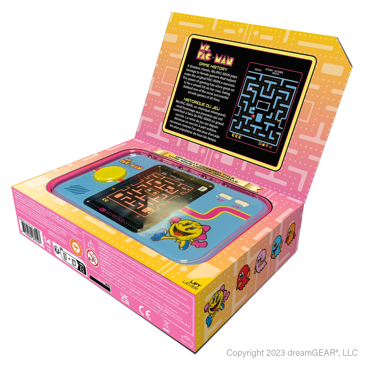 My Arcade Ms. Pac-Man Pocket Player Pro 3.5mm headphone jack enables private listening.