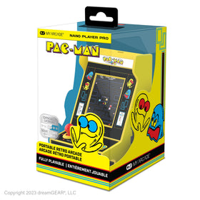 My Arcade Pac-Man Nano Player display closeup reveals vibrant 2.4-inch color screen.