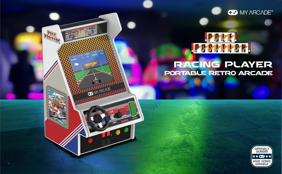 Pole Position 3.5-inch display showcases bright retro colors and sharp gameplay visuals.