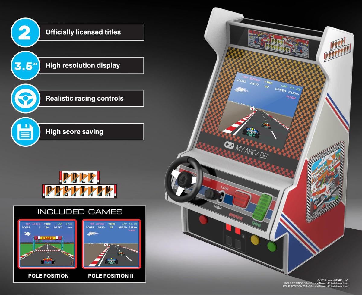 Pole Position handheld controls close-up highlights realistic racing buttons and tactile feel.
