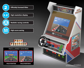 Pole Position handheld controls close-up highlights realistic racing buttons and tactile feel.