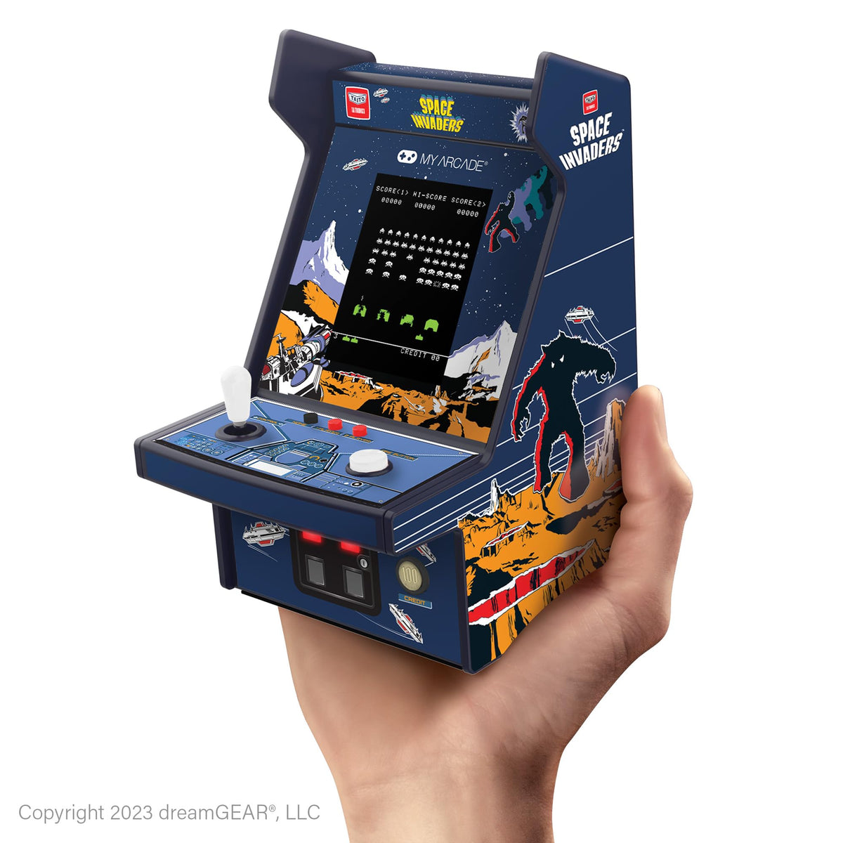 My Arcade Space Invaders Micro Player Pro supports battery and USB-C power for portable play.