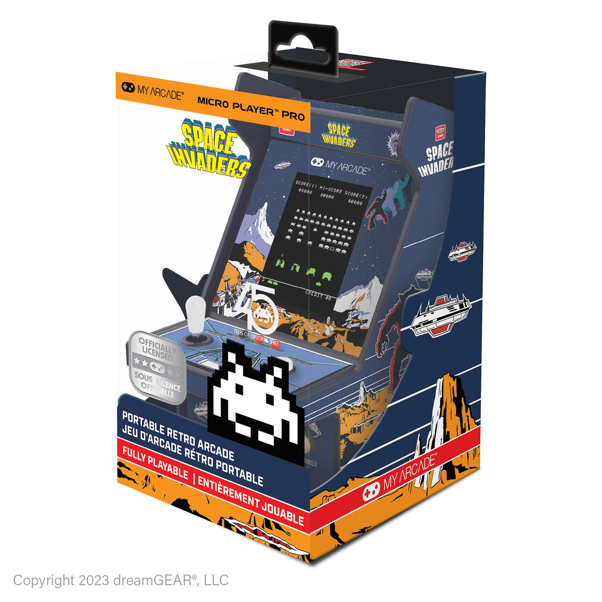 My Arcade Space Invaders Micro Player Pro front view for authentic retro gameplay on the go.