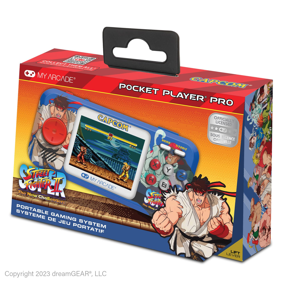 My Arcade Street Fighter II Pocket Player Pro front view, compact handheld for retro gaming.