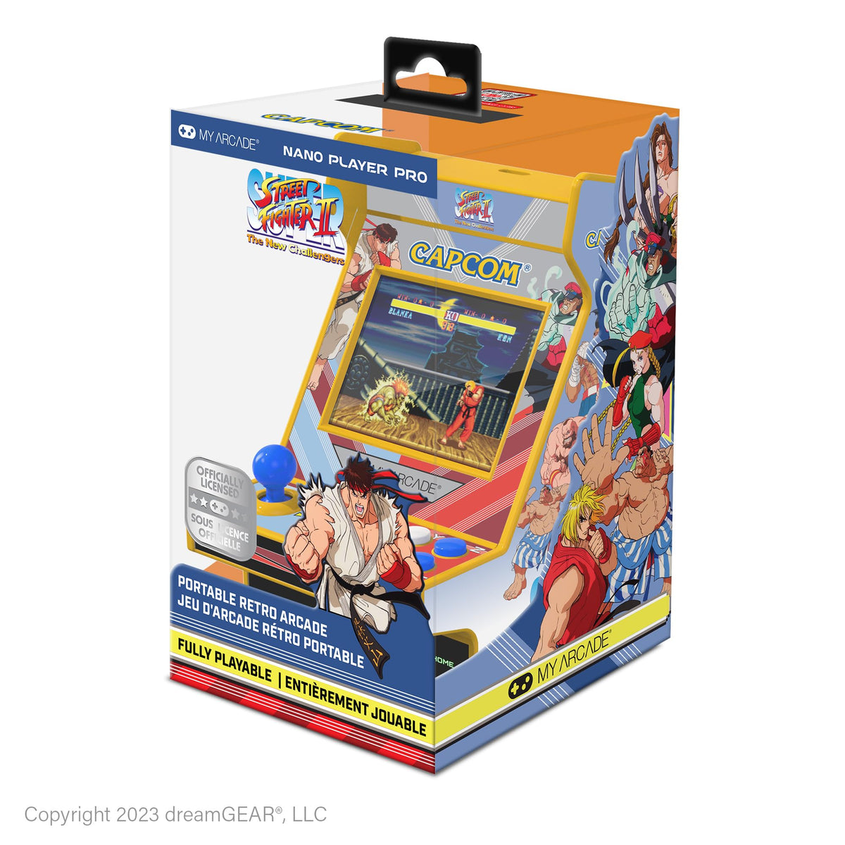 My Arcade Street Fighter II Nano Player Pro display shows a compact handheld for on-the-go battles