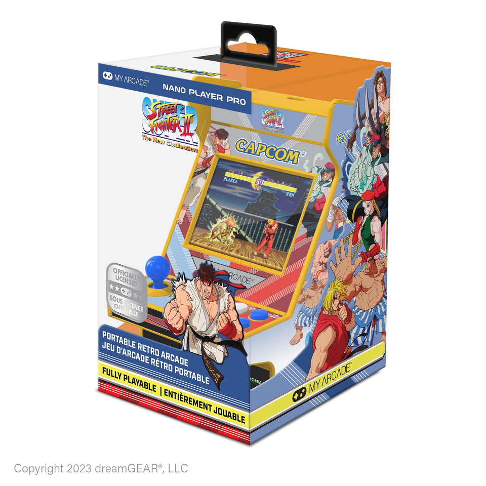 My Arcade Street Fighter II Nano Player Pro display shows a compact handheld for on-the-go battles