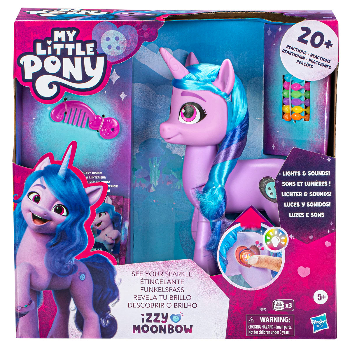 Izzy Moonbow purple unicorn with long blue hair for creative styling and storytelling