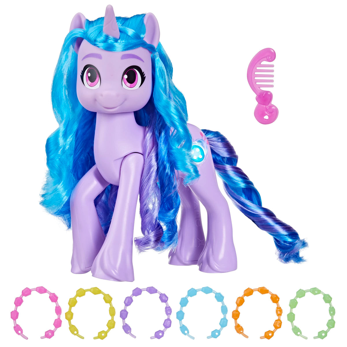 My Little Pony Izzy Moonbow figure lights up to reveal sparkle color during play