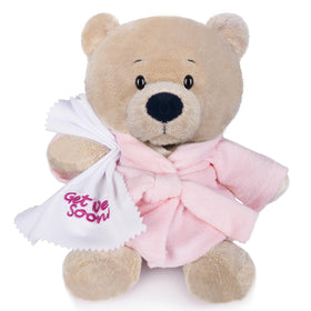 My OLi Get Well Soon Teddy Bear in pink bathrobe offers comforting companionship.