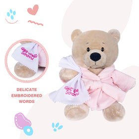 My OLi teddy bear with towel adds cozy, spa-inspired comfort.