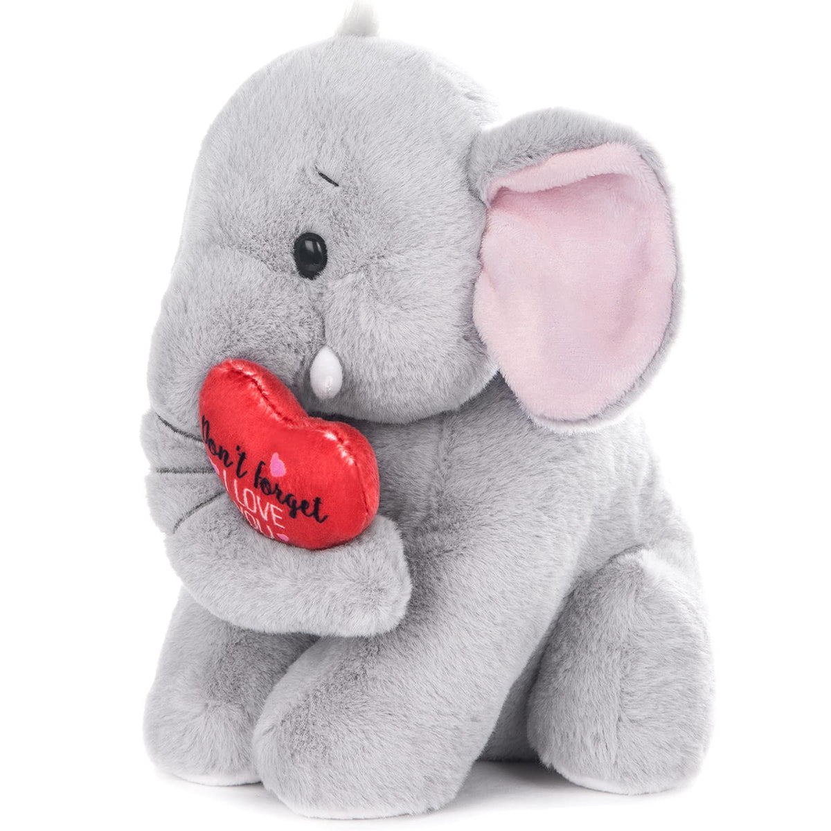 My OLi plush elephant face detail shows a realistic expression and heart motif.