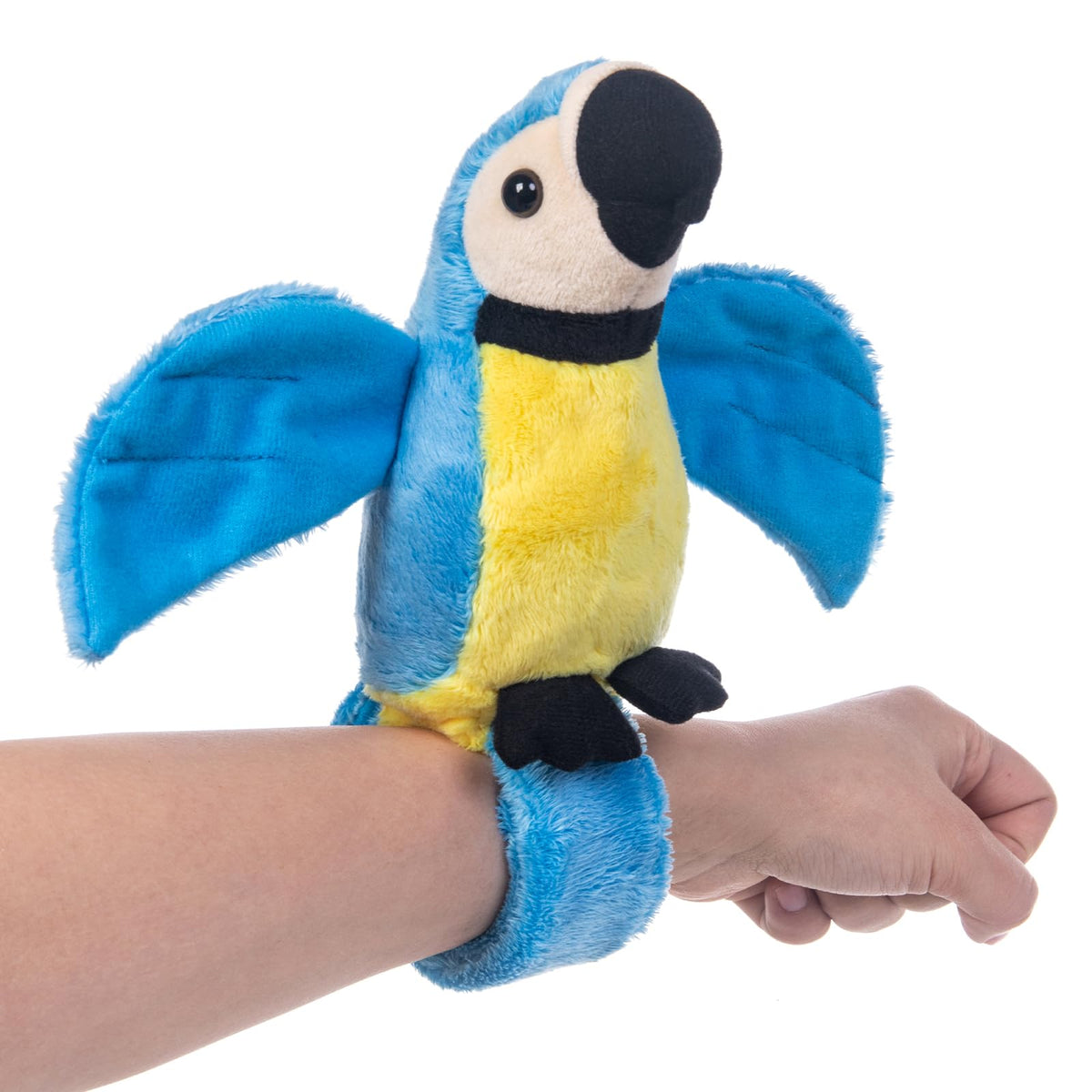 My OLi talking parrot with wristband on wrist, repeats your words for playful interaction.
