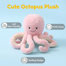 My Super Star pink octopus plush back view for detailed stitching and design.