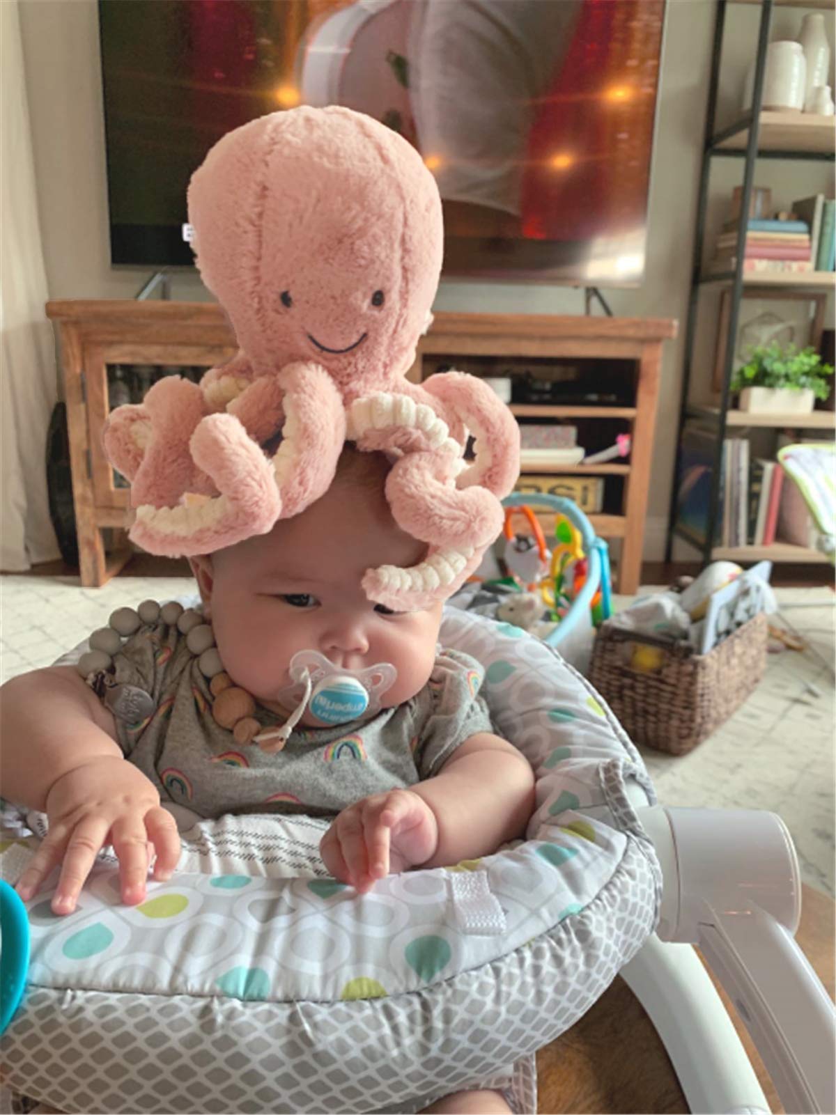 My Super Star pink octopus plush closeup face emphasizes non-toxic finish.