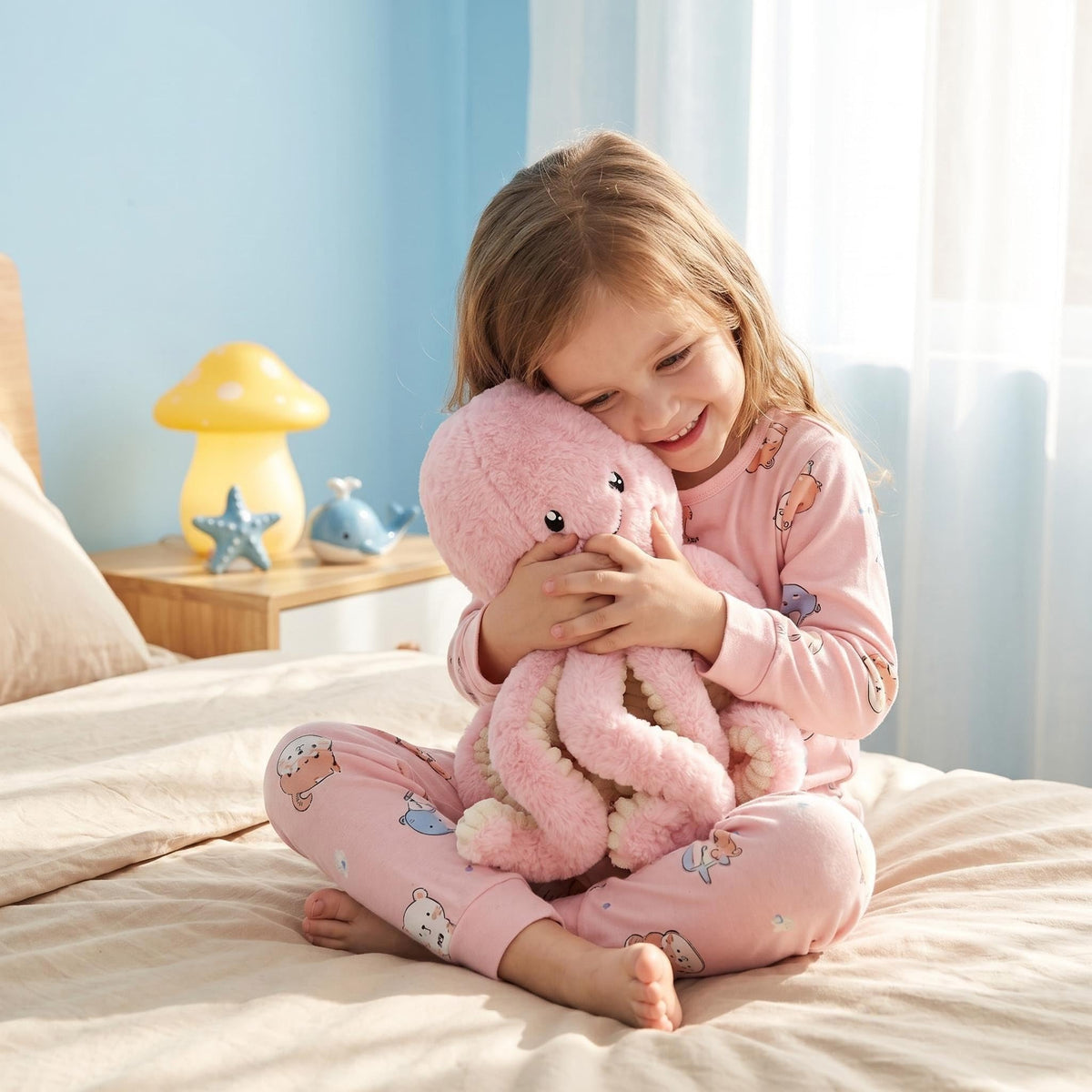 My Super Star pink octopus plush side view highlights its plush texture.
