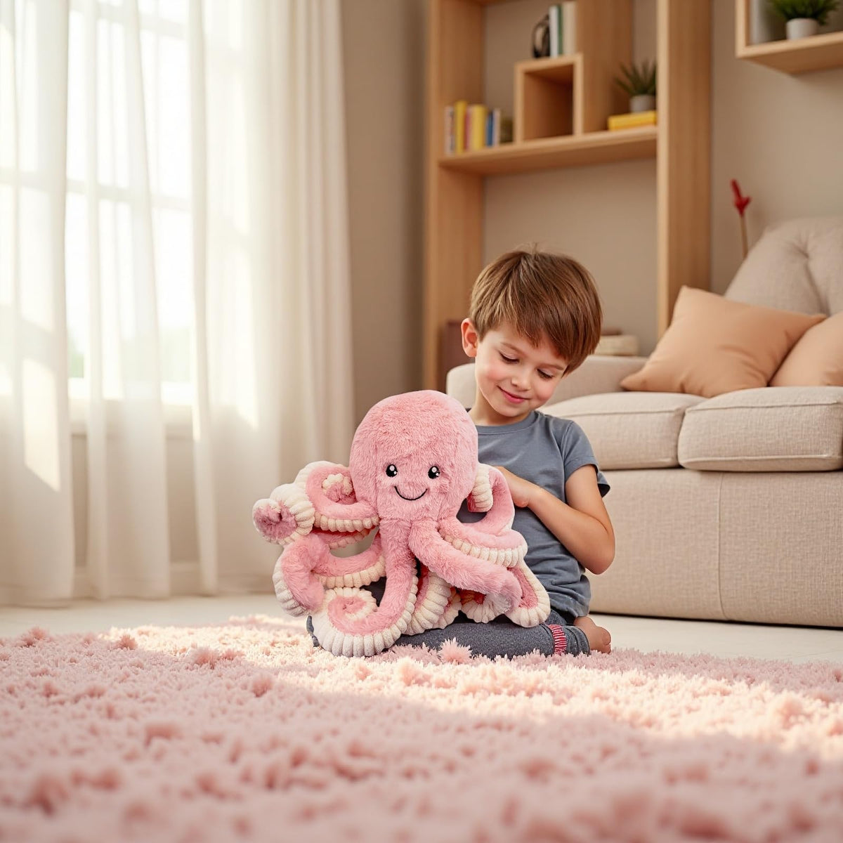 My Super Star pink octopus plush with child, ideal for imaginative play.