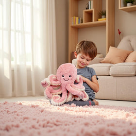 My Super Star pink octopus plush with child, ideal for imaginative play.