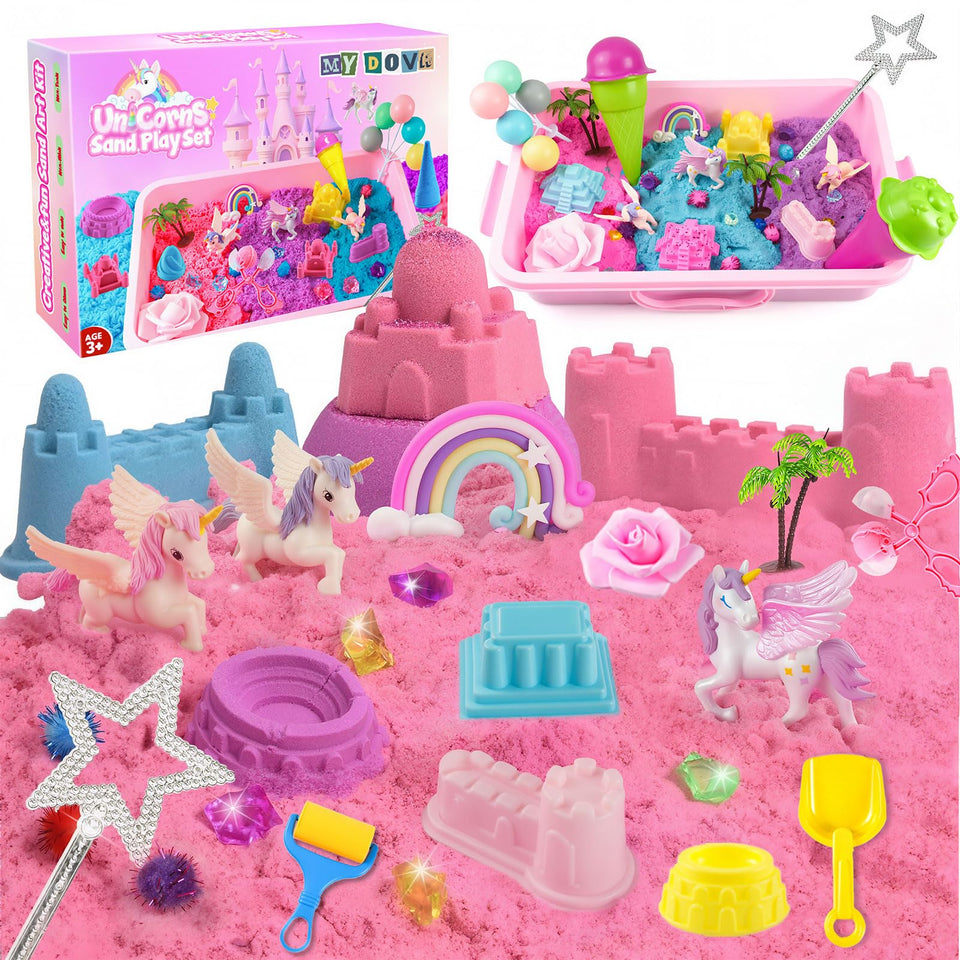 MYDOVA unicorn sensory bin with colorful sand for imaginative play