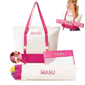 Mykng Nzw rose-red mahjong tote bag with mat holder for organized storage.