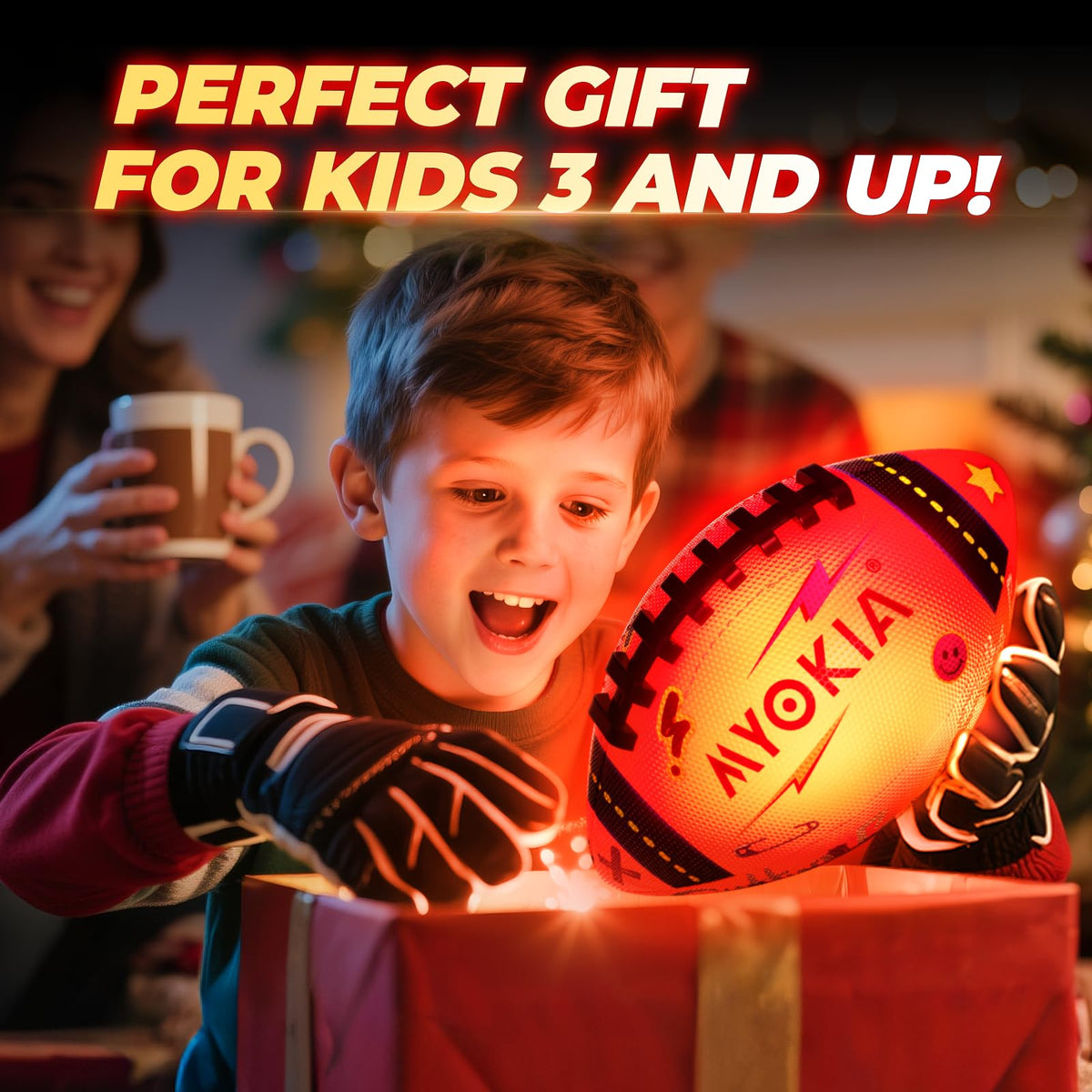 MYOKIA glowing football ships in gift-ready packaging for birthdays and holidays.