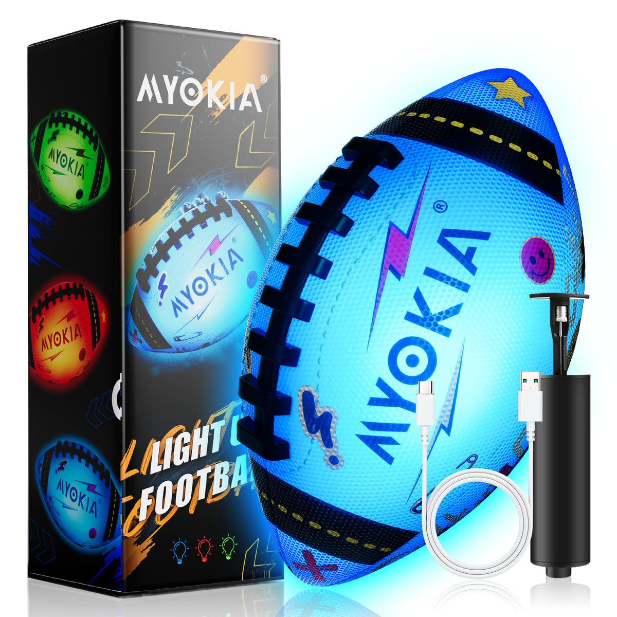 MYOKIA light-up football glowing with RGB LEDs for nighttime visibility.