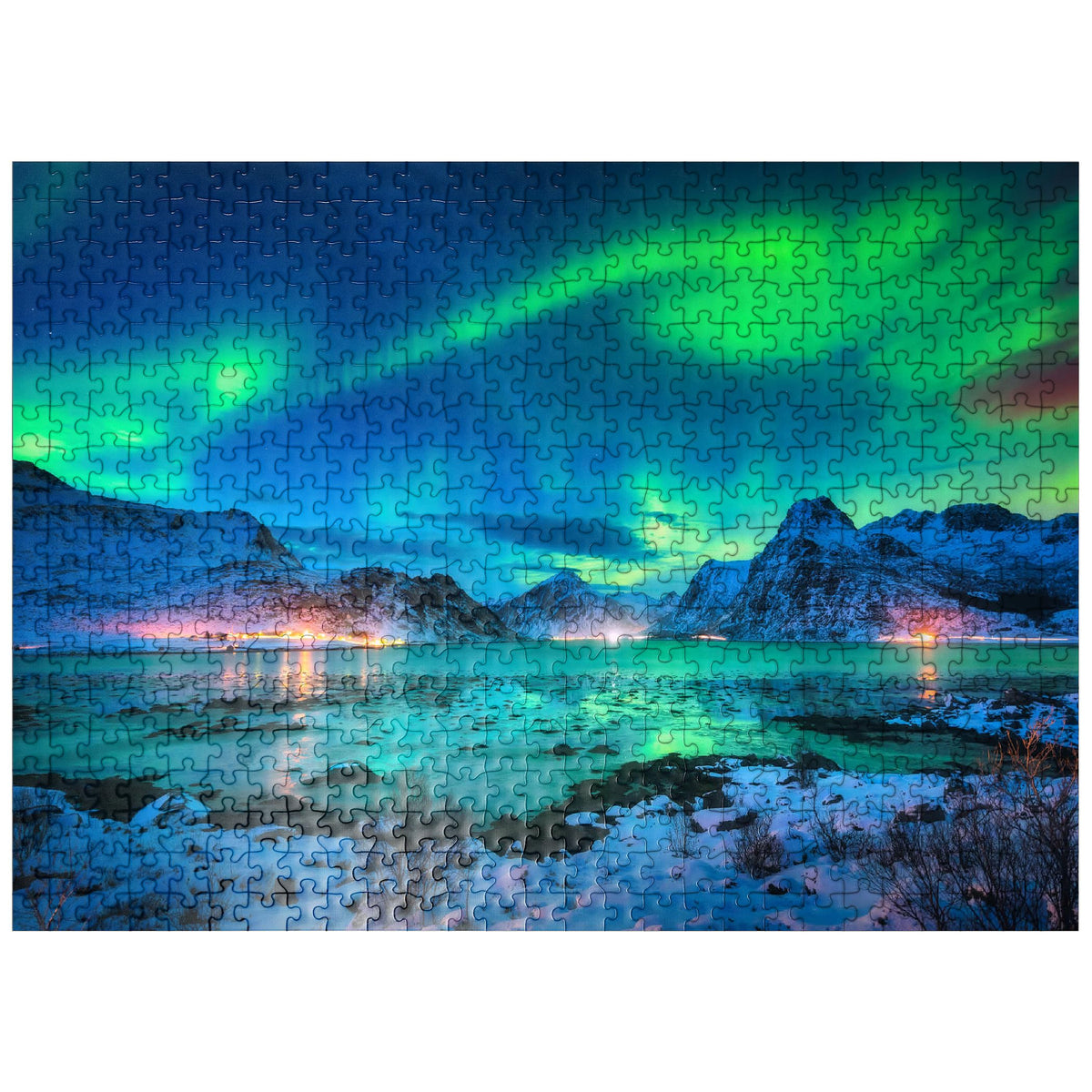 MyPuzzle Aurora Borealis over Sea Coast puzzle showing vivid night sky and sea.