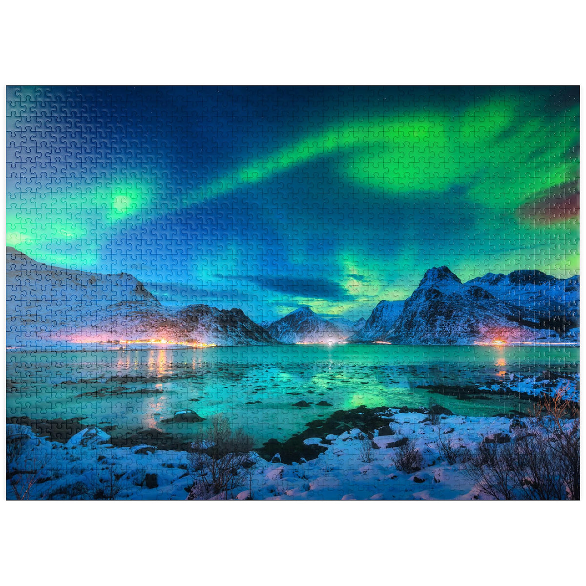 MyPuzzle Aurora Borealis over sea coast image for calm, focused puzzling.