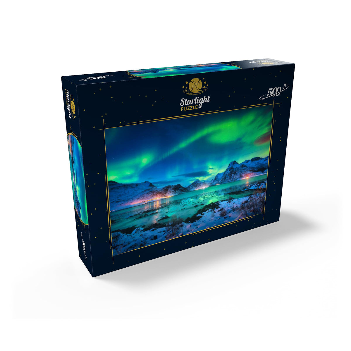 MyPuzzle Northern Lights over Lofoten Islands puzzle with bright colors.
