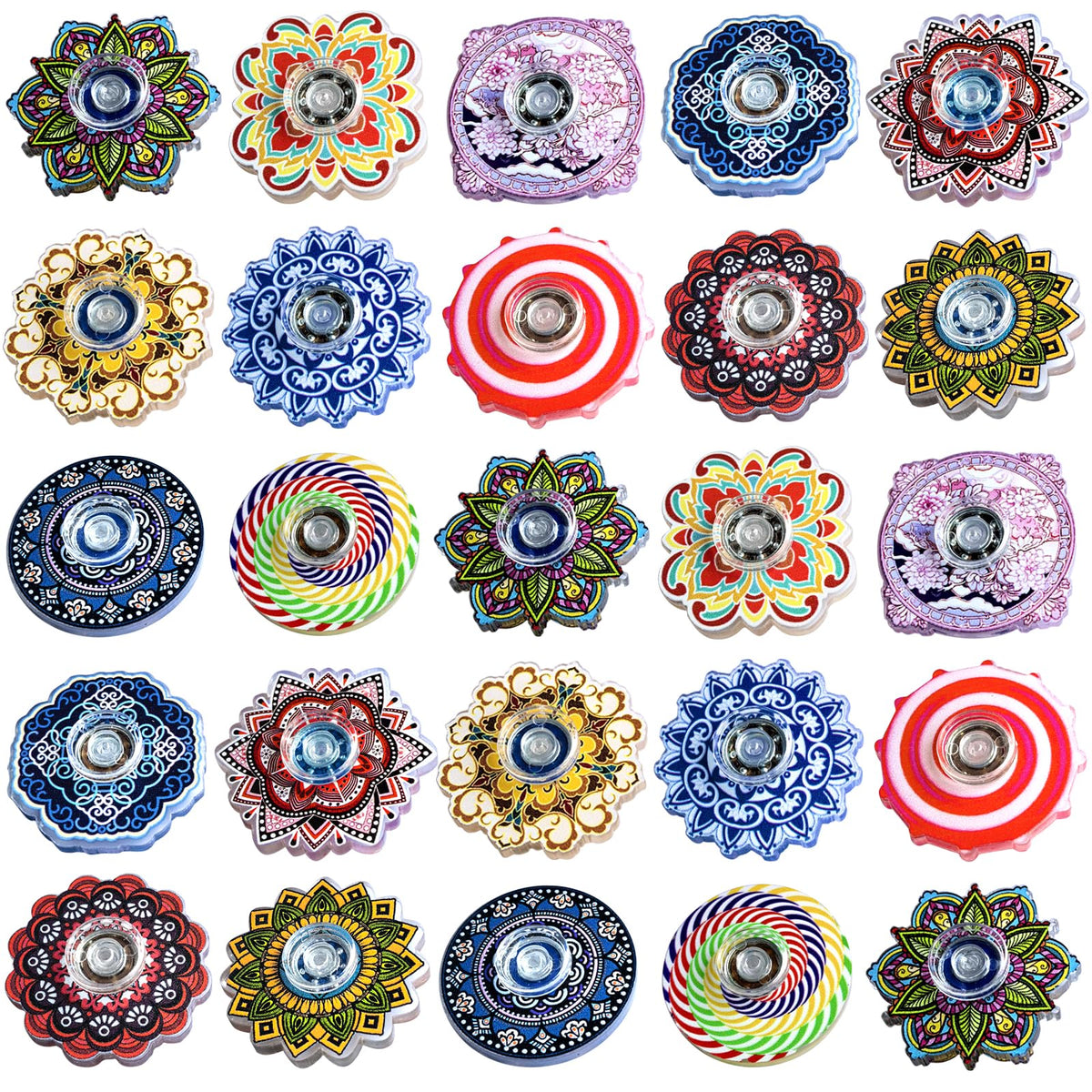 MYREQIA 50-pack fidget spinner front view shows glossy acrylic surfaces for smooth spins