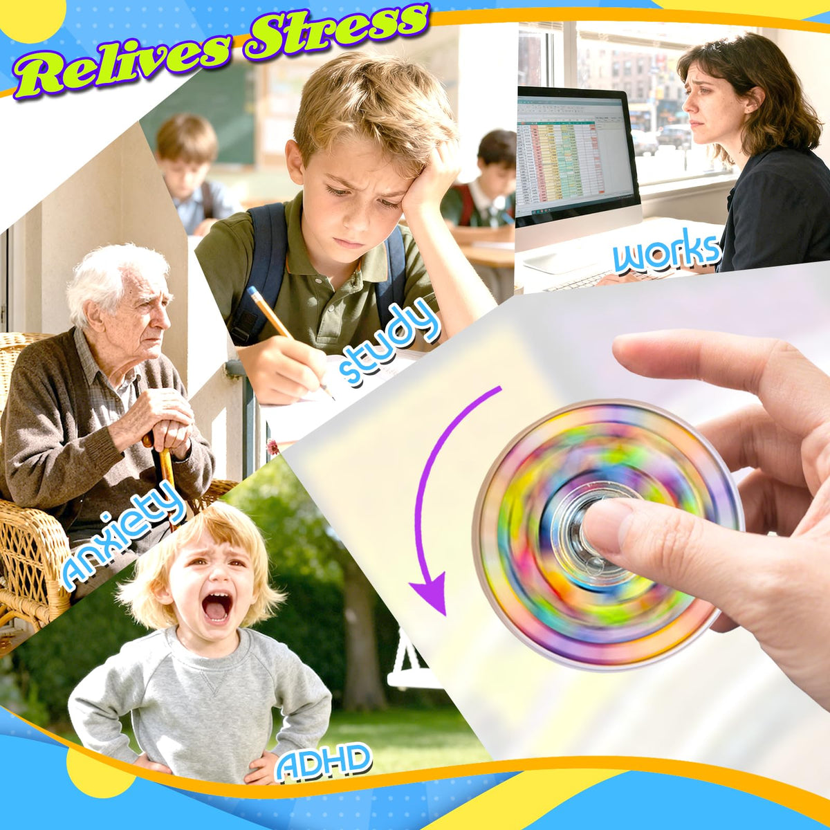 MYREQIA 15-pattern collection fidget spinner offers diverse visual appeal for classroom rewards.