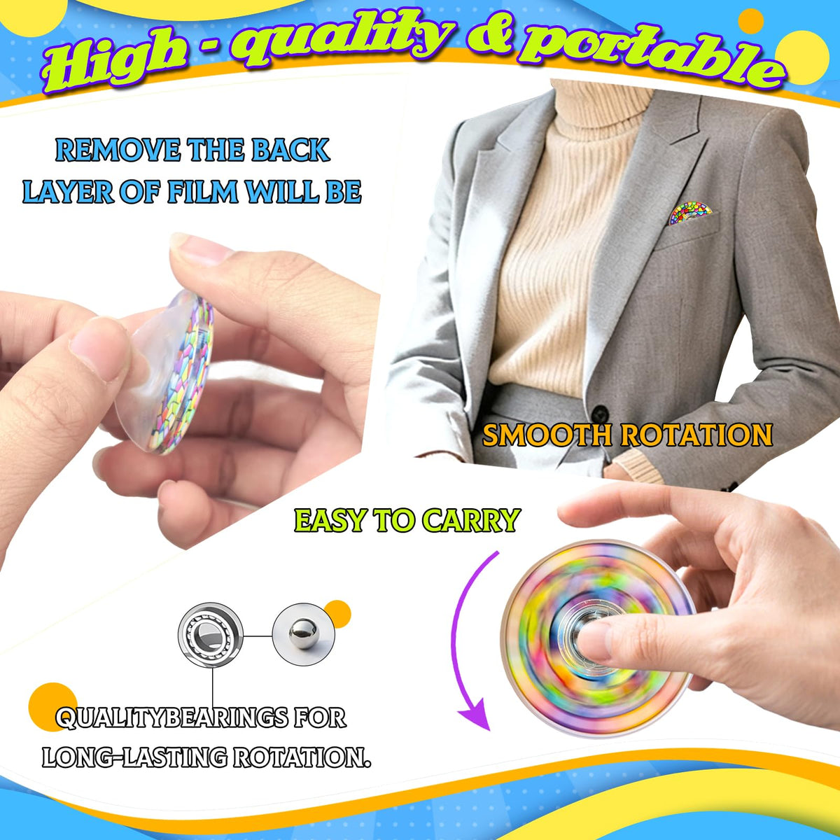 MYREQIA mini fidget spinner with rotating top designs for focus and concentration.