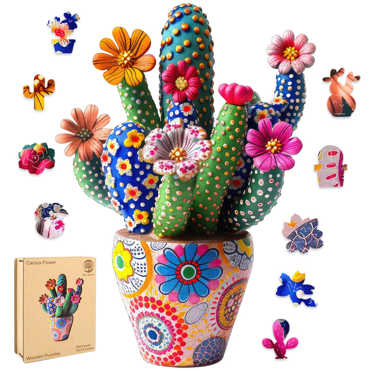 Mys Aurora puzzle box with cactus flower design for a satisfying family bonding activity.