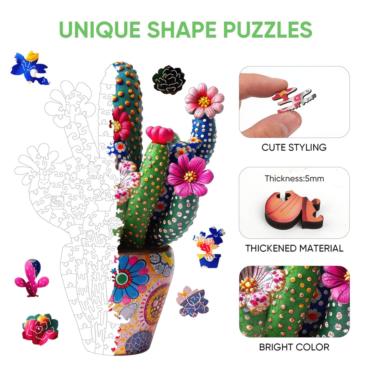 Mys Aurora wooden puzzle pieces showing 5mm thickness for durability and feel.