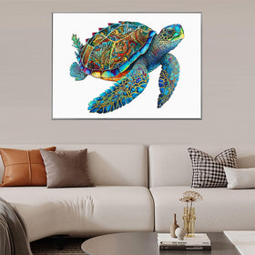 Mys Aurora UV printing close-up on surface reveals vibrant sea turtle artwork