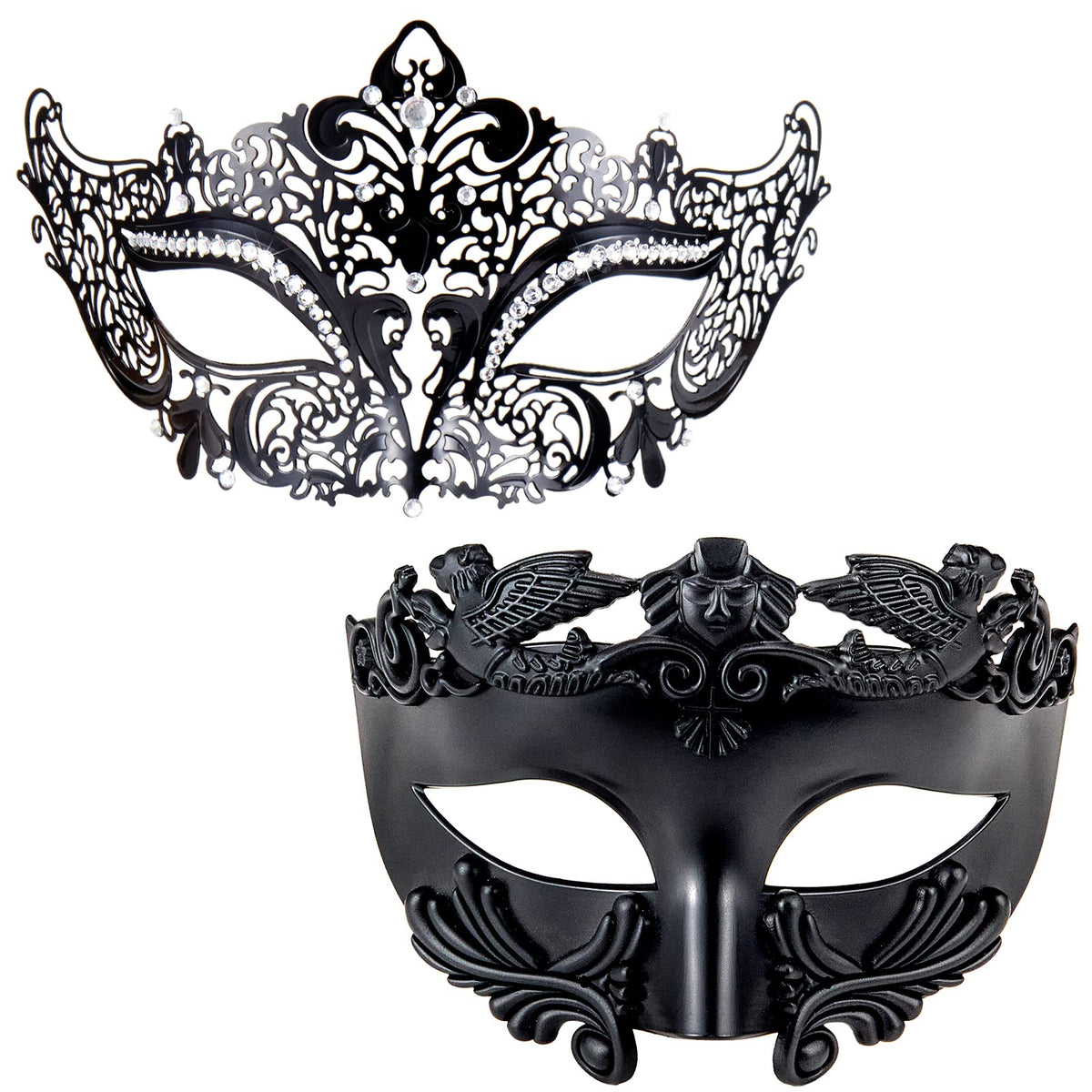 MYSEUNI masquerade mask for couple, black front view, ideal for elegant occasions.