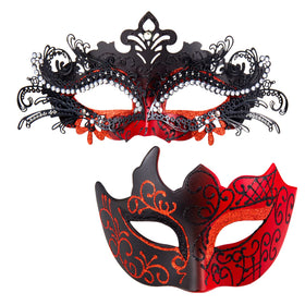 MYSEUNI masquerade couple red mask with rhinestones for elegant Mardi Gras evenings.