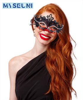 MYSEUNI men's half-face red mask, comfortable fit for all-night events.