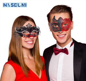 MYSEUNI women's Venetian red mask with rhinestones, ideal for ballroom parties.