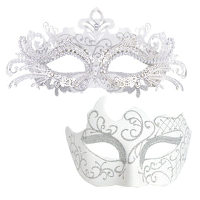 MYSEUNI white masquerade mask for couples with rhinestones for an elegant event