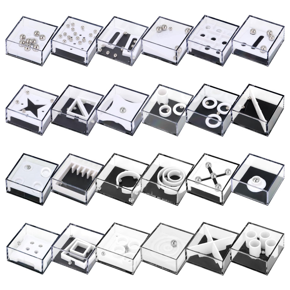 Mytothfy 24-pack brain teaser cubes close-up of vibrant maze challenges