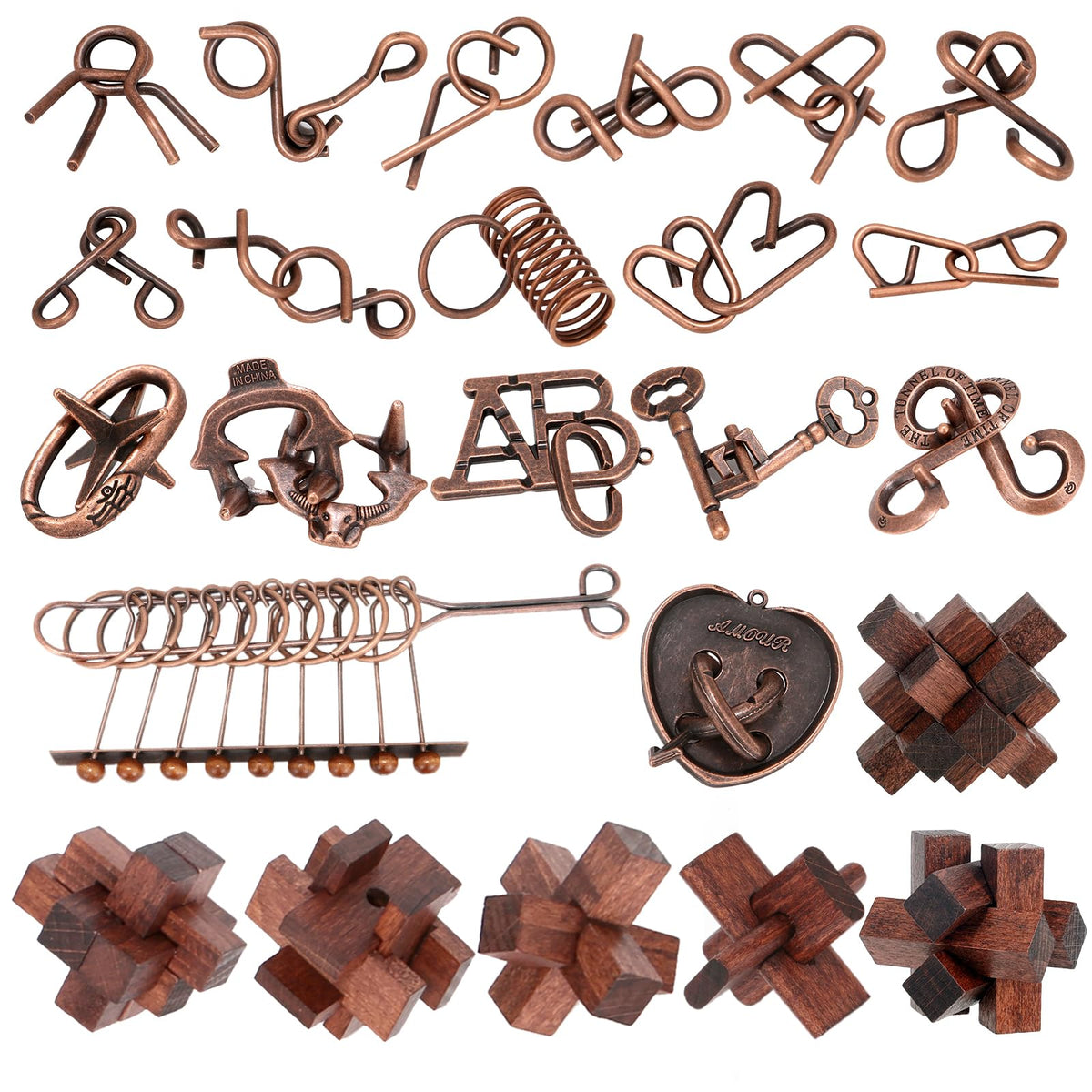 Mytothfy 24-pcs brain teaser wooden set, varied pieces for tactile focus and problem solving.