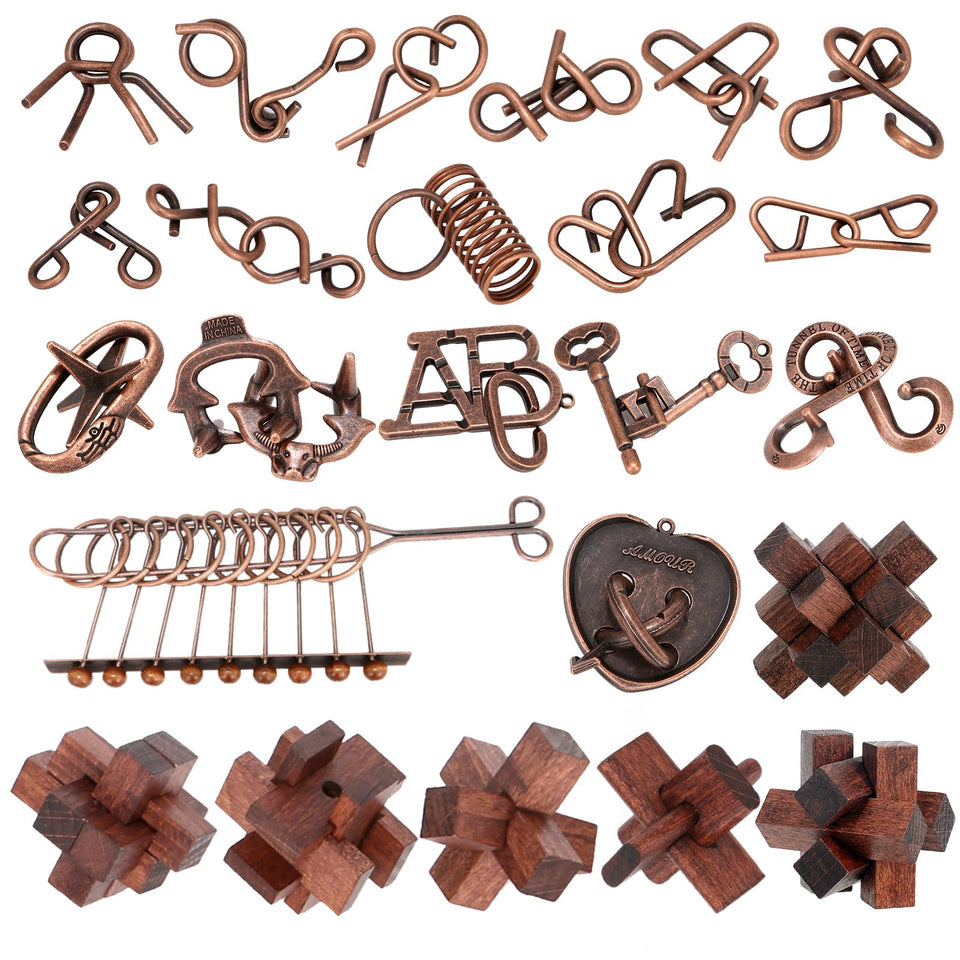 Mytothfy 24-pcs brain teaser wooden set, varied pieces for tactile focus and problem solving.
