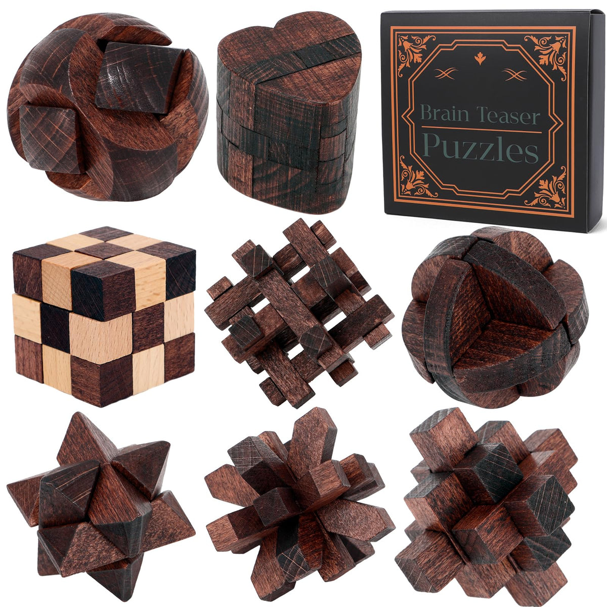 Mytothfy 8-piece wooden brain teaser with 3D interlocking design for focused play