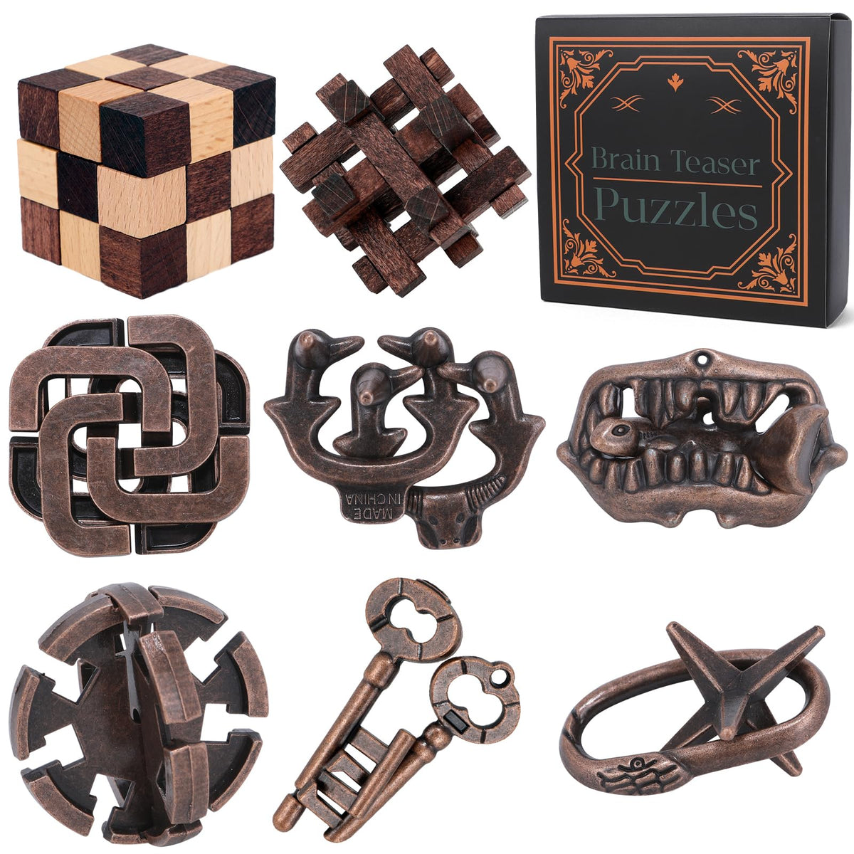 Mytothfy 8-piece wooden brain teaser close-up with smooth edges for tactile play