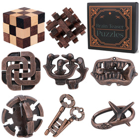 Mytothfy 8-piece wooden brain teaser close-up with smooth edges for tactile play